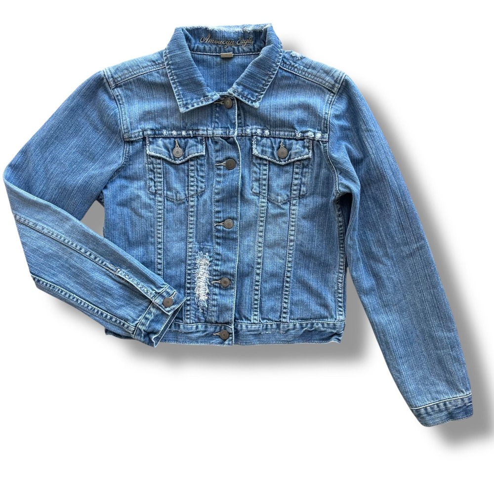American Eagle Womens M Light Wash Distress Sequin Bead Y2K Denim Trucker Jacket
